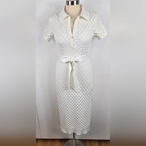 Chic Off White Textured Knit Midi Dress with Belt